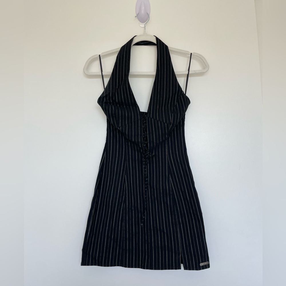 Urban Outfitters Black Pinstriped Backless Halter Mini Dress